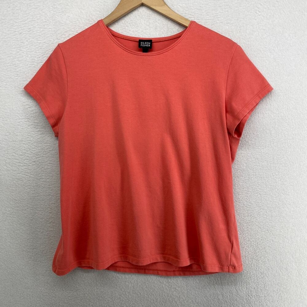 EILEEN FISHER Top L Stretch Cotton Jersey Crewneck Short Sleeve Orange USA